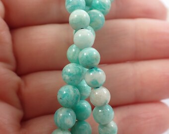 One Amazonite Crystal Bead Bracelet - 6mm Smooth Round Beads - Aqua Blue White Opaque - Natural Blue Amazonite Beaded Bracelet - #BRCLT#1097