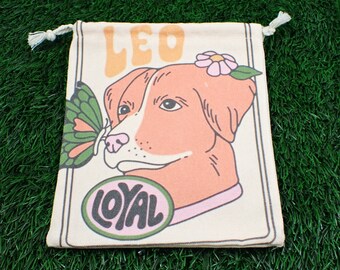 1 Piece Leo Dog Linen Fabric Crystal Pouch - Orange Pink Green Gold White - Leo Zodiac Tarot Card Bag - 6.5x5.75 Inches Dog Bag #POUCH#1035