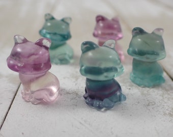 Mini Fluorite Crystal Cat Carving - Big Head Sitting Kitten - Purple Green Small Cat - Natural Fluorite .75 Inch - Crystal Cat #MINIS#1110