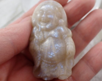 Blue Flash Happy Buddha Moonstone Crystal Carving - Natural Blue Flash Moonstone - Shiny Polished Flat Back - 2 Inch Buddha #RELGS#1009