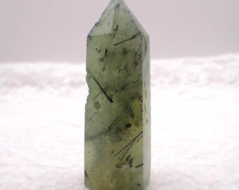 1 Piece Natural Prehnite Faceted Crystal Tower - Green Black Shiny - 67x23mm - Prehnite Crystal Tower #TOWER#1305