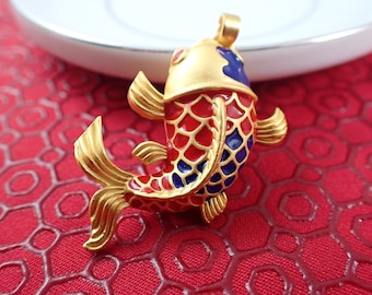 Beautiful Bright Red Blue Gold Fish Pendant - Curled Metal Fish - 1.5 Inch Red Blue Gold Lightweight Fish Pendant - Blue Red Gold PNDNT#1085