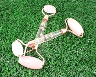 Pretty Natural Rose Quartz Crystal Facial Roller - Pink Dried Flowers - Rose Gold Metal - 5.5 Inch Rose Quartz Pink Face Roller #ACSRY#1014