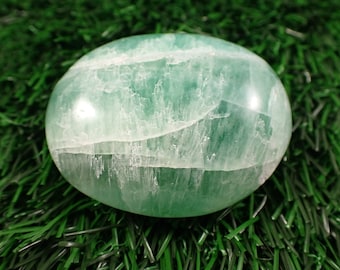 1 Piece Natural Fluorite Crystal Palm Stone - Medium Green Oval Gallet - Green White Smooth Crystal Palmstone - Natural Fluorite #PALMS#1131