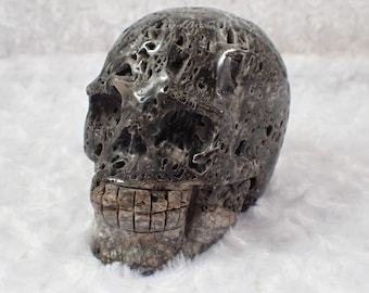 Large Textured Natural Sphalerite Crystal Skull - Textured Druzy Carving - Human Skull Replica - Gray Beige White 4.75 Inch Skull SKULL#1010