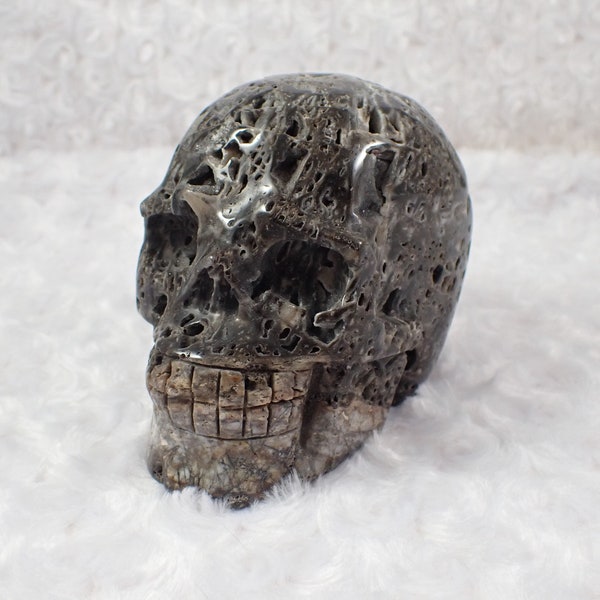 Large Textured Natural Sphalerite Crystal Skull - Textured Druzy Carving - Human Skull Replica - Gray Beige White 4.75 Inch Skull CRVNG#2197