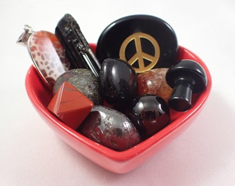 Root Chakra Crystal Bowl - Red Glass Heart - Black Obsidian Peace Mushroom Tumble - Black Tourmaline Garnet - Fire Agate Red Jasper ROOT-1