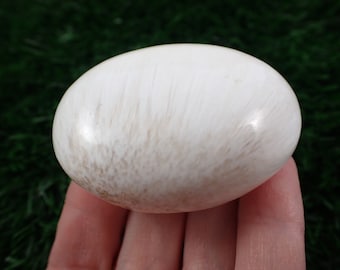 Flashy Bright White Natural Scolecite Crystal Palm Stone - White Brown Oval Gallet - Small Smooth Crystal Palm - 2 Inches Smooth #PALMS#1189