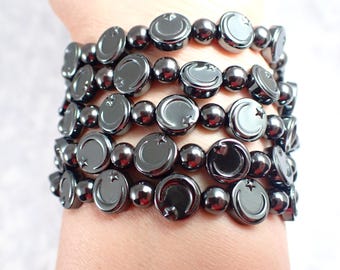 1 Silver Hematite Moon and Star Crystal Bead Bracelet - - Natural Shiny Hematite Silver Beaded Crystal Bracelet #BRCLT#1226