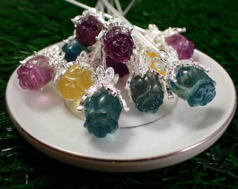 Pretty Hairpin Rose Flower Crystal Carving - Purple Green Yellow Fluorite - 5.75 Inch Silver Hair Pin - Fluorite Flower Carving #ACSRY#1006