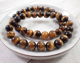 One Golden Tiger Eye Jasper Crystal Bracelet - 8mm Smooth Round Beads - Brown Gold Yellow - Natural Tiger Eye Bead Bracelet - #BRCLT#1017