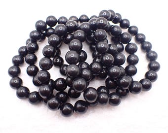 One Black Shungite Crystal Bead Bracelet - 10mm Smooth Dull Round Beads - Natural Shungite Black Beaded Crystal Bracelet -#BRCLT#1234