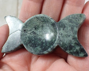 Small Green Jasper Triple Moon Crystal Bowl - Smooth Polished Natural Crystal Bowl - Green Jasper Flat Tray for Crystals 3 Moon #BOWLS#1096