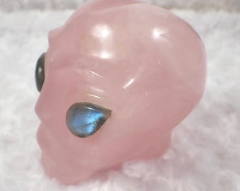Deep Pink Rose Quartz Crystal Alien Skull - Blue Flash Lab Eyes - Heavy High Quality 4 Inch Alien Skull - Natural No Chips #SKULL#1009