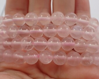 One Pink Rose Quartz Crystal Bracelet - 8mm Smooth Round Beads - Light Pink Cloudy Natural Rose Quartz Crystal Bead Bracelet - #BRCLT#1096