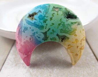 Beautiful Druzy Agate Rainbow Crystal Moon - Textured Dyed Druzy Moon - 1.25 Inch Pink Blue Yellow Green Moon Cab - Tie Dye Moon #CBCHN#1105