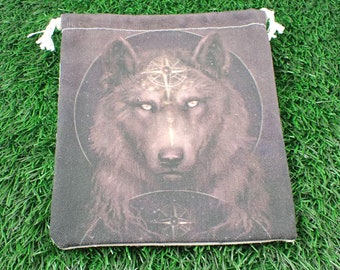 Fabric Crystal Pouch - Dark Brown Tarot Card Bag - 6.75x5.5 Inches White Back - Brown Wolf Tarot Card Pouch - Mystic Wolf Bag #POUCH#1056