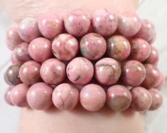 One Rhodochrosite Crystal Bracelet - 10mm Smooth Round Beads - Pink Gray Opaque - Shiny Rhodochrosite Crystal Beaded Bracelet - #BRCLT#1034