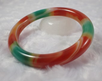 59.1mm Bright Agate Crystal Bangle Bracelet - Orange Green Banded Crystal Bracelet - Round Inside Dyed Agate - Smooth Bangle #JEWEL#1228