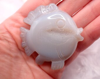 Adorable Druzy Agate Crystal Fish Carving - Small Gray 2 Inch Standing Crystal Fish Figurine - Animal Bathroom Decor Crystals #ANMLS#1284