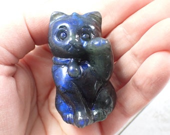 Super Flashy Blue Labradorite Money Cat - Fortune Cat Crystal Carving - Gray Blue Waving Cat - 2 Inches Labradorite Cat Carving #ANMLS#1071