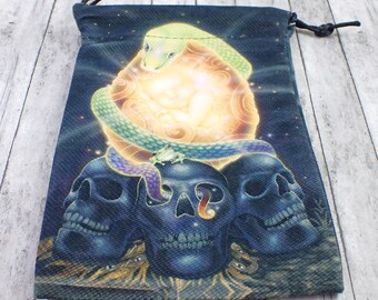 1 Piece Dark Green Fabric Crystal Pouch - Snakes Skulls Green Blue Brown Yellow - Witchy Tarot Card Bag - 7x5 Inch Double Sided #POUCH#1005