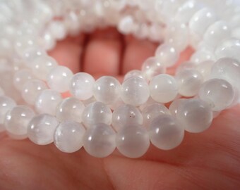 One Natural Selenite Crystal Beaded Bracelet - 6mm Smooth Round Beads - White Selenite Charging Crystal Natural Bead Bracelet #BRCLT#1199