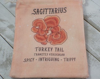 1 Piece Sagittarius Mushroom Linen Fabric Tarot Card Pouch - Orange Brown White - Zodiac Crystal Bag - 6.75x5.5 Inch Shrooms #POUCH#1038