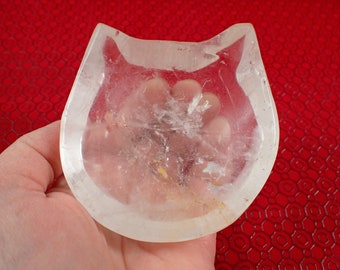 Nice Cat Shaped Clear Quartz Crystal Bowl - Large Smooth Polished Cat Head Bowl - Tray for Crystals - 3.25 Inch Quartz Bowl #BOWLS#1122