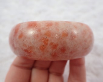 56.7mm Copper Flashy Sunstone Crystal Bangle Bracelet - Thick Smooth Crystal Bracelet - Peach Copper White Opaque Sunstone #JEWEL#1157