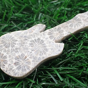 Small Natural Fossil Coral Crystal Guitar - White Gray Flower Coral - Double Sided Polished Guitar Carving - 2.5 Inch Guitar Cab #CRVNG#1977