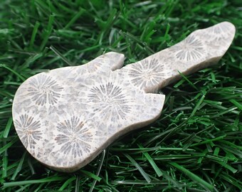 Small Natural Fossil Coral Crystal Guitar - White Gray Flower Coral - Double Sided Polished Guitar Carving - 2.5 Inch Guitar Cab #CRVNG#1977