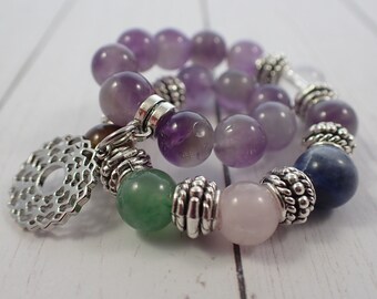 One Crystal Chakra Charm Beaded Bracelet - 8mm Smooth Round Beads - Natural Crystal Amethyst Aventurine Quartz Jasper Sodalite - #BRCLT#1086