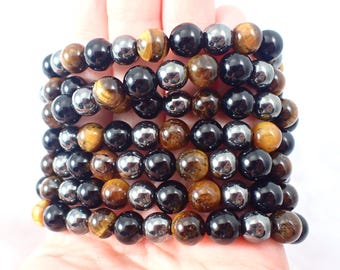One Natural Golden Tiger Eye Jasper Hematite Black Obsidian Crystal Bracelet - 8mm Smooth Round Beads - Silver Black Brown Beads #BRCLT#1181