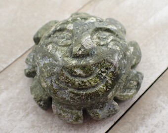Moss Agate Chunky Crystal Sun Carving - Green White Agate - Smiling Large Puffy Sun - 2 Inch Smooth Crystal Moss Agate Carving #CRVNG#1897
