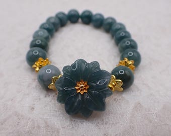 Beautiful Natural Blue Water Jade Crystal Bracelet - Crystal Flower Bead Bracelet - 10mm Round Jade Beads - Stretch Bracelet #BRCLT#1248