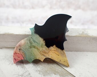 Black Rainbow Fossilized Palm Root Crystal Bat Carving - Smooth Flat Back - Dyed Palm Root Bat - 2.5 Inch Crystal Animal Bat #ANMLS#1208