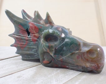 Large Ocean Jasper Crystal Dragon Skull  - Red Green Orange White Skull - 4.75 Inch Big Dragon Skull - Natural Ocean Jasper Skull SKULL#1006