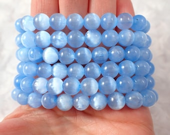 One Blue Selenite Crystal Beaded Bracelet - 8mm Smooth Round Shiny Beads - Blue Dyed Selenite Charging Crystal Beaded Bracelet #BRCLT#1192
