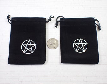 1 Piece Black Fabric Silver Pentagram Crystal Pouch - Small Velvety Drawstring Pouch - Witchy Silver Pentagram Tarot Card Bag #POUCH#1019