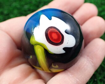 Small Bright Glass Flower Sphere - Red White Blue Yellow Sphere - Smooth Finish Layered Glass Has Chip - 1.5 Inch Glass Sphere #SPHER#1053