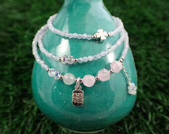 Beautiful Triple Wrap Rose Quartz Opalite Crystal Bracelet - Flower Clover Silver Charm - Pink Blue Opalite - Crystal Bracelet #JEWEL#1140