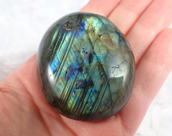 Small Thick Natural Labradorite Crystal Palm Stone - Strong Blue Flash - Oval 2.25 Inch Crystal Palmstone - Gray Labradorite #PALMS#1224