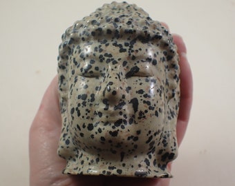 Large Spotted Dalmatian Jasper Crystal Buddha Head Statue - Beige Brown Black - Big Heavy Buddha - 3.5 Inch Crystal Carving #RELGS#1023