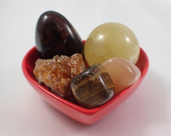 Solar Plexus Chakra Crystal Bowl - Red Heart Glass Bowl - Lemon Calcite Sphere - Citrine Tiger Eye Honey Calcite - Indonesian Amber #SOLAR-1