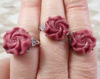 1 Piece Adjustable Pink Rhodonite Flower Crystal Ring - Silver Butterfly Stainless Steel Rings - Dark Pink Crystal Metal Ring #RINGS#1021