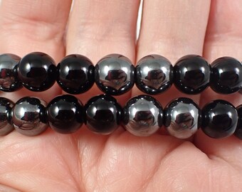 One Black Obsidian Hematite Crystal Bead Bracelet - 8mm Smooth Round Beads - Shiny Black Silver Crystal Bracelet - Black Beads - #BRCLT#1093