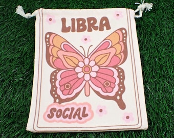 1 Piece Libra Butterfly Linen Fabric Crystal Pouch - Pink White Brown - Libra Zodiac Tarot Card Bag - 6.5x5.75 Inches Butterfly #POUCH#1035