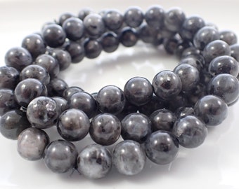 One Natural Larvikite Crystal Bead Bracelet - 8mm Smooth Round Beads - Black Gray Silver Shiny - Larvikite Crystal Bracelet - #BRCLT#1058