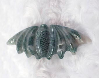 Natural Druzy Moss Agate Crystal Bat Carving - Green White Gray - Sugar Druzy Pockets Crystal - Bat Animal Crystal 3.25 Inches #ANMLS#1122
